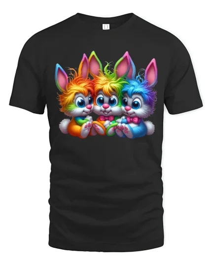 Cute Rainbow Bunny Trio Cartoon Art Graphic T Shirt - black t-shirt on white background