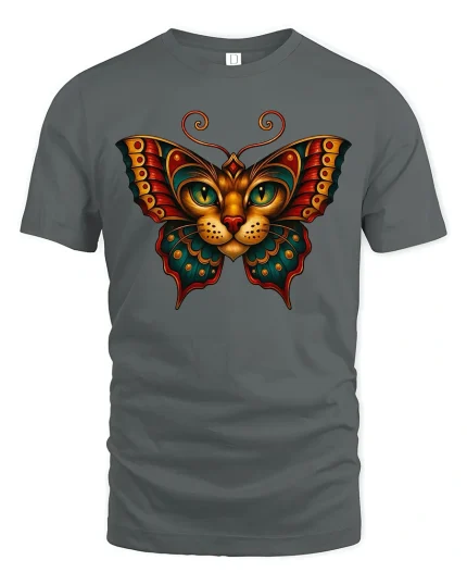 Mystical Butterfly Cat Art T Shirt With Vibrant Fantasy Style - gray t-shirt on white background