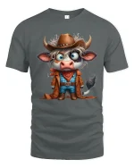 Funny Cowboy Cow Cartoon Western Character Art Graphic T Shirt - gray t-shirt on white background