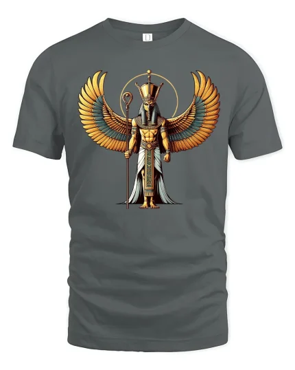 Ancient Egyptian Winged God Horus Art Graphic T Shirt - gray t-shirt on white background