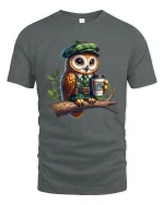 Cute Owl Wearing Outfit Holding Coffee Cartoon Art T Shirt - gray t-shirt on white background