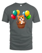 Cute Kitten With Colorful Balloons Cartoon Art Graphic T Shirt - gray t-shirt on white background