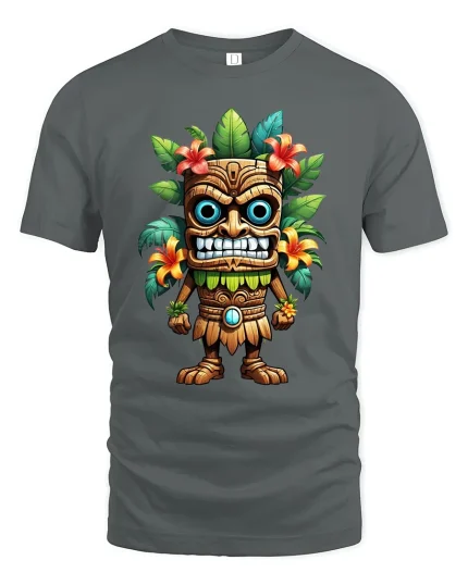 Funny Tropical Tiki Idol Cartoon Art Graphic T Shirt - gray t-shirt on white background