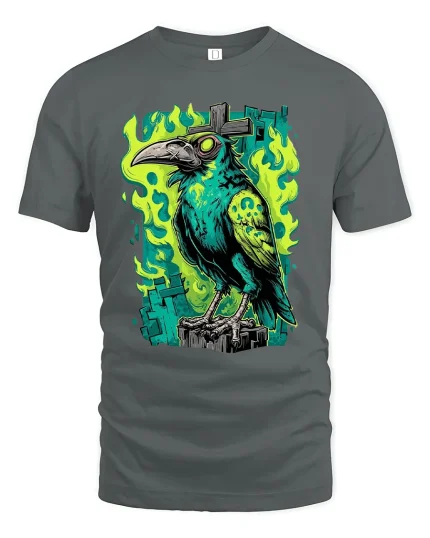 Neon Gothic Raven Art Graphic T Shirt With Dark Fantasy Vibe - gray t-shirt on white background