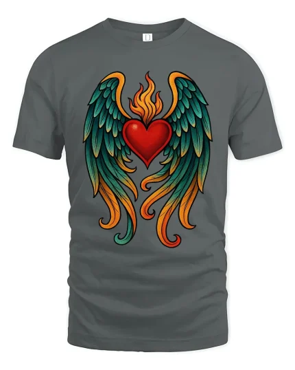 Flaming Sacred Heart With Angel Wings Art Graphic T Shirt - gray t-shirt on white background