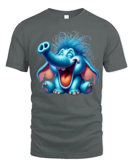 Funny Blue Baby Elephant Cartoon Art Graphic T Shirt - gray t-shirt on white background
