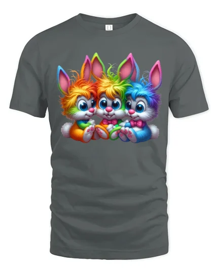Cute Rainbow Bunny Trio Cartoon Art Graphic T Shirt - gray t-shirt on white background