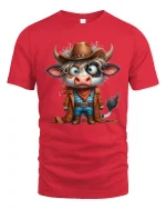Funny Cowboy Cow Cartoon Western Character Art Graphic T Shirt - red t-shirt on white background