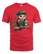 Cute Owl Wearing Outfit Holding Coffee Cartoon Art T Shirt - red t-shirt on white background