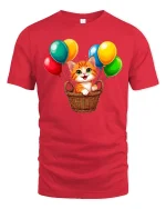 Cute Kitten With Colorful Balloons Cartoon Art Graphic T Shirt - red t-shirt on white background