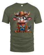 Funny Cowboy Cow Cartoon Western Character Art Graphic T Shirt - military green t-shirt on white background