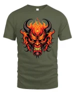Flaming Demon Face Dark Fantasy Fire Art Graphic T Shirt - military green t-shirt on white background