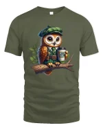 Cute Owl Wearing Outfit Holding Coffee Cartoon Art T Shirt - military green t-shirt on white background