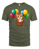 Cute Kitten With Colorful Balloons Cartoon Art Graphic T Shirt - military green t-shirt on white background