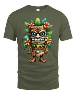 Funny Tropical Tiki Idol Cartoon Art Graphic T Shirt - military green t-shirt on white background
