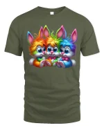 Cute Rainbow Bunny Trio Cartoon Art Graphic T Shirt - military green t-shirt on white background