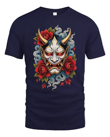 Japanese Oni Demon Mask With Roses Art Graphic T Shirt - navy t-shirt on white background