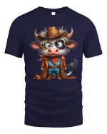 Funny Cowboy Cow Cartoon Western Character Art Graphic T Shirt - navy t-shirt on white background