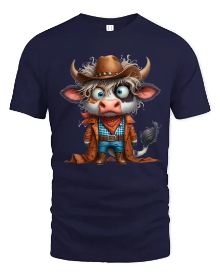 Funny Cowboy Cow Cartoon Western Character Art Graphic T Shirt - navy t-shirt on white background