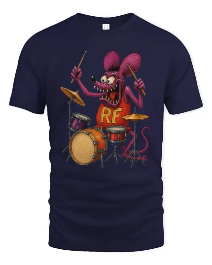 Crazy Drummer Rat Cartoon Rock Music Art Graphic T Shirt - navy t-shirt on white background