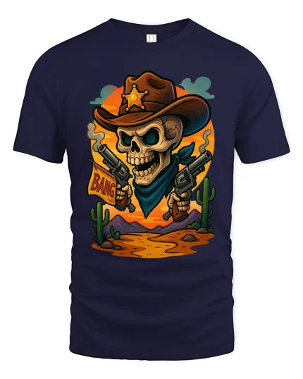 Funny Cowboy Skeleton With Guns Cartoon Art Graphic T Shirt - navy t-shirt on white background