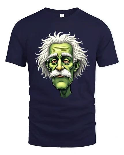 Funny Green Mad Scientist Zombie Cartoon Art Graphic T Shirt - navy t-shirt on white background