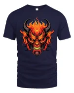Flaming Demon Face Dark Fantasy Fire Art Graphic T Shirt - navy t-shirt on white background