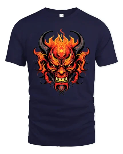 Flaming Demon Face Dark Fantasy Fire Art Graphic T Shirt - navy t-shirt on white background