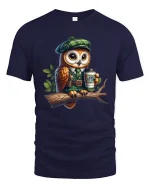 Cute Owl Wearing Outfit Holding Coffee Cartoon Art T Shirt - navy t-shirt on white background
