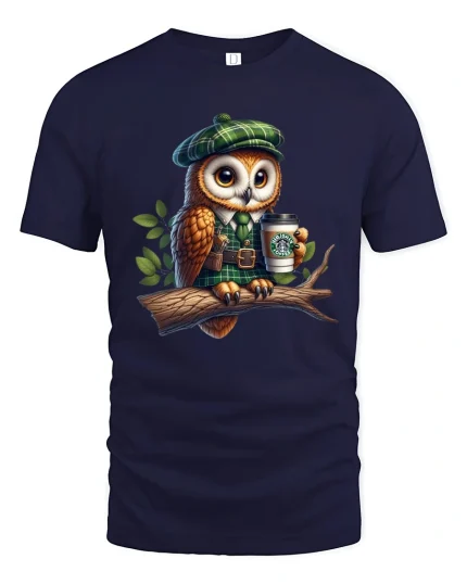 Cute Owl Wearing Outfit Holding Coffee Cartoon Art T Shirt - navy t-shirt on white background