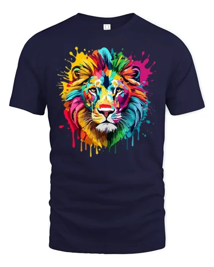 Colorful Lion Paint Splash Art Illustration Graphic T Shirt - navy t-shirt on white background