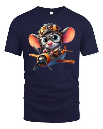 Cute Pilot Mouse Flying Airplane Cartoon Art Graphic T Shirt - navy t-shirt on white background