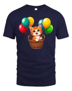 Cute Kitten With Colorful Balloons Cartoon Art Graphic T Shirt - navy t-shirt on white background