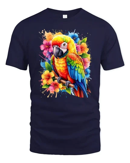 Colorful Parrot With Tropical Flowers Artistic Graphic T Shirt - navy t-shirt on white background