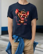 Crazy Evil Mouse Cartoon Monster Art Graphic T Shirt - model wearing navy tee with hands in pockets