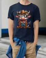 Funny Cowboy Cow Cartoon Western Character Art Graphic T Shirt - model wearing navy tee with hands in pockets