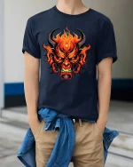 Flaming Demon Face Dark Fantasy Fire Art Graphic T Shirt - model wearing navy tee with hands in pockets