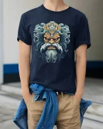 Ancient Warrior King Face Mythic Art Graphic T Shirt - model wearing navy tee with hands in pockets