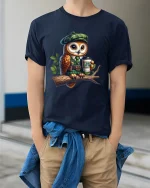 Cute Owl Wearing Outfit Holding Coffee Cartoon Art T Shirt - model wearing navy tee with hands in pockets