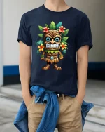 Funny Tropical Tiki Idol Cartoon Art Graphic T Shirt - model wearing navy tee with hands in pockets