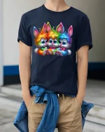 Cute Rainbow Bunny Trio Cartoon Art Graphic T Shirt - model wearing navy tee with hands in pockets