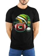 Festive Football Helmet And Ball Christmas Art Graphic T Shirt - model wearing black tee with hands behind back