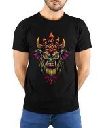 Dark Fantasy Demon King Crowned Monster Art Graphic T Shirt - model wearing black tee with hands behind back