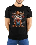 Funny Cowboy Cow Cartoon Western Character Art Graphic T Shirt - model wearing black tee with hands behind back