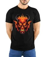 Flaming Demon Face Dark Fantasy Fire Art Graphic T Shirt - model wearing black tee with hands behind back