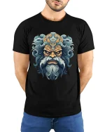 Ancient Warrior King Face Mythic Art Graphic T Shirt - model wearing black tee with hands behind back