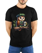 Cute Owl Wearing Outfit Holding Coffee Cartoon Art T Shirt - model wearing black tee with hands behind back