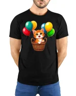Cute Kitten With Colorful Balloons Cartoon Art Graphic T Shirt - model wearing black tee with hands behind back