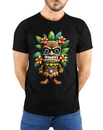 Funny Tropical Tiki Idol Cartoon Art Graphic T Shirt - model wearing black tee with hands behind back