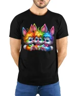 Cute Rainbow Bunny Trio Cartoon Art Graphic T Shirt - model wearing black tee with hands behind back